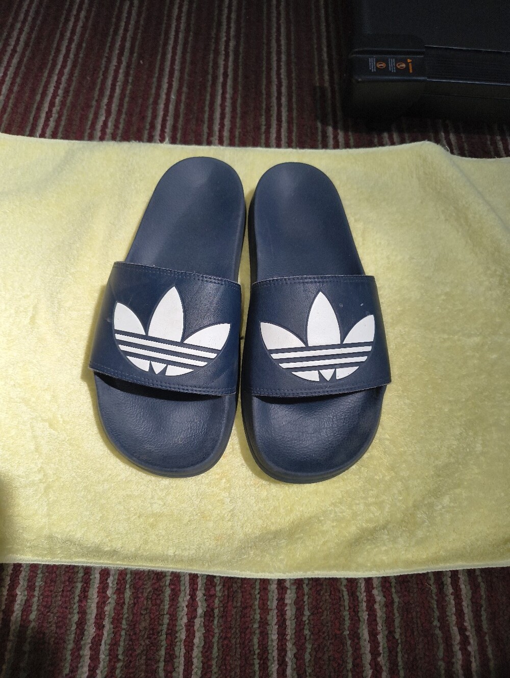 Adidas Navy Slide Sandals with White Trefoil